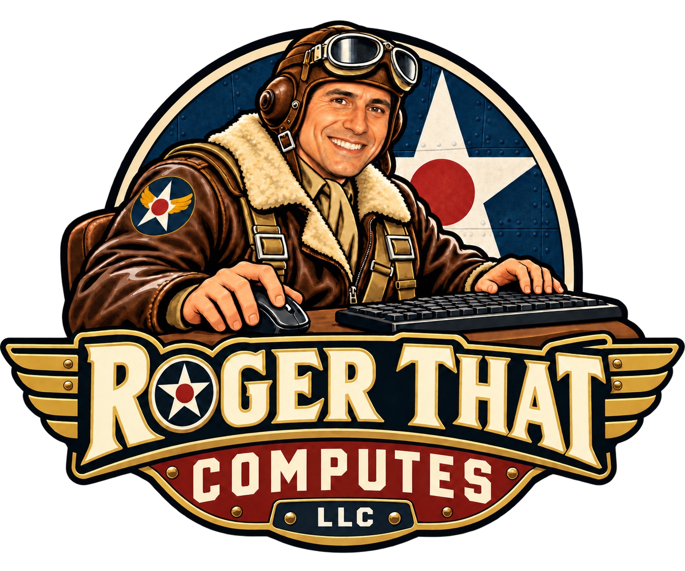 Roger at a keyboard and mouse, illustrated as a vintage aviator above the Roger That Computes logo